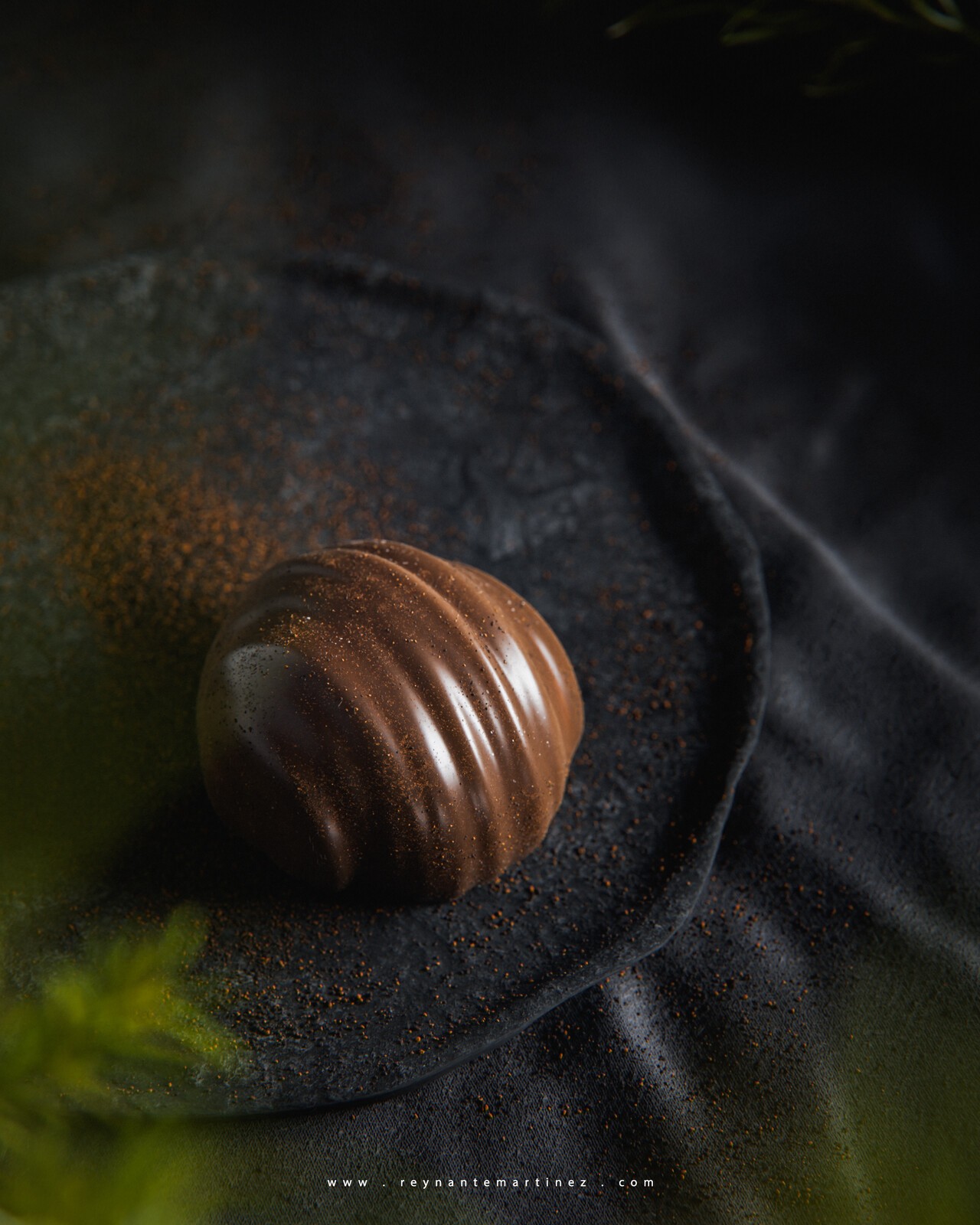 Dopamine: a polished brown object on dark fabric with carefully directed light.