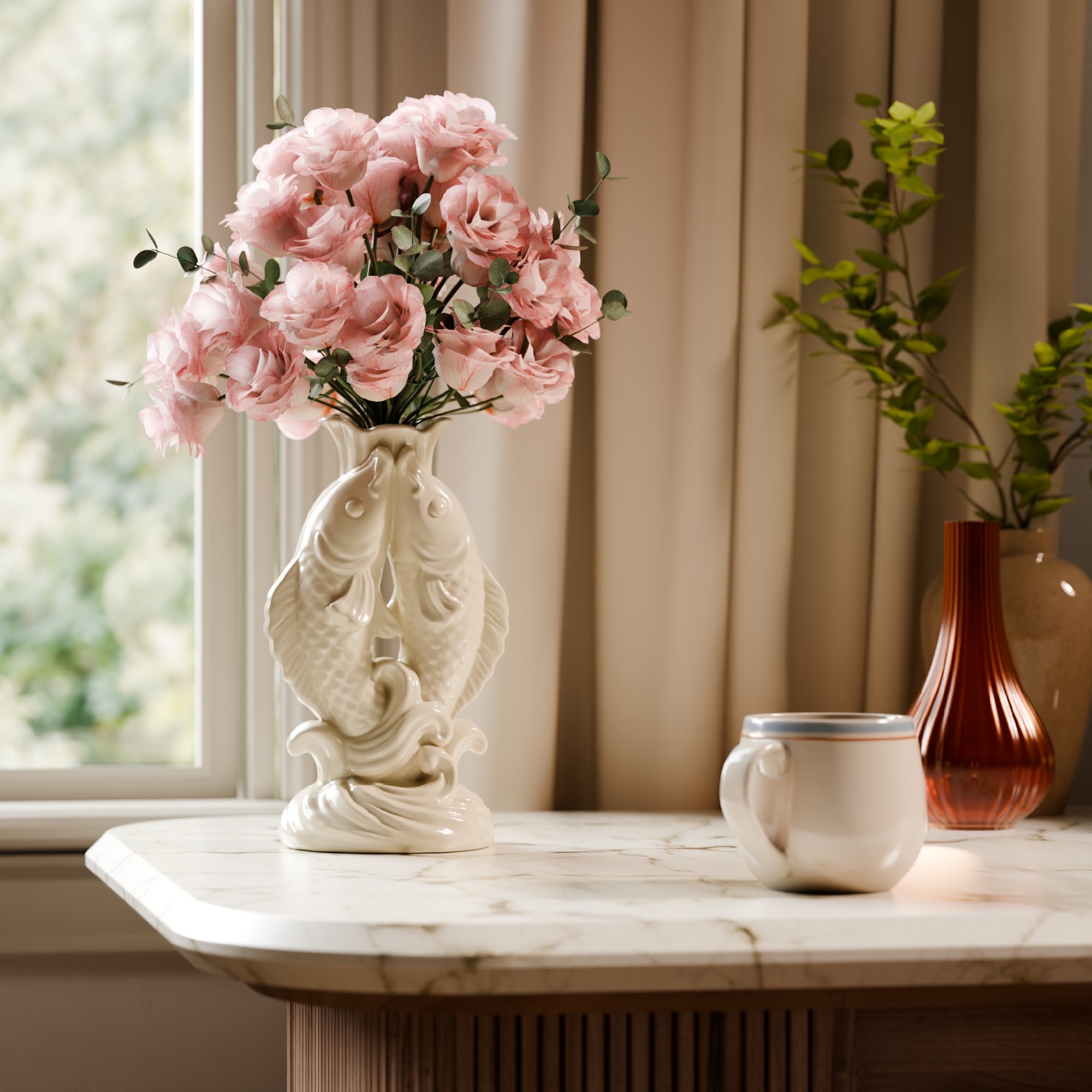 Pink flowers in a sculpted cream vase beside a red glass vessel and a white cup.