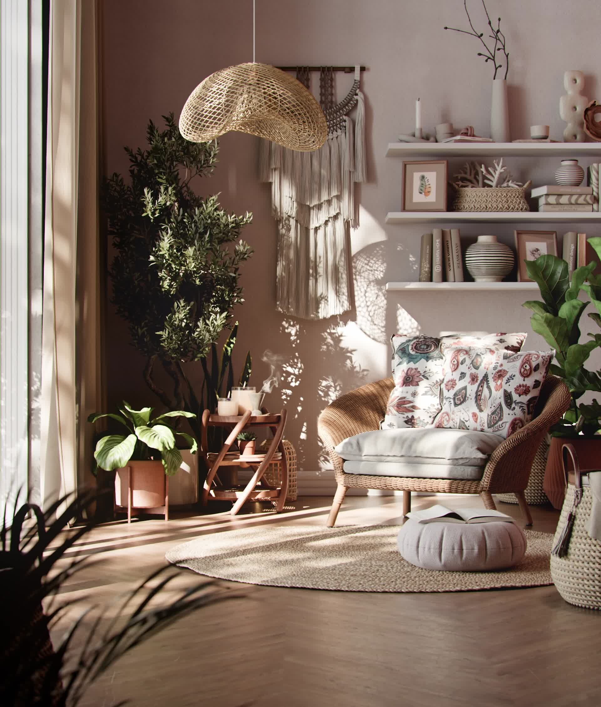 New Chapter: a warmly lit living room with a patterned armchair, shelves, woven lamp, and indoor plants.