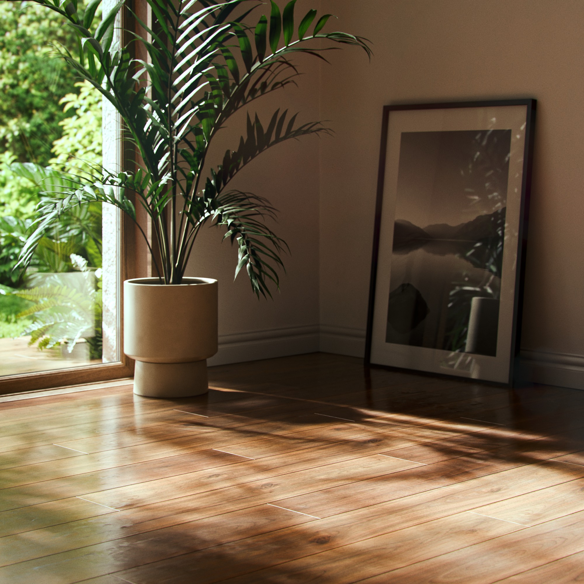 Indoor plants and framed artwork beside a window casting sunlight across a wooden floor.