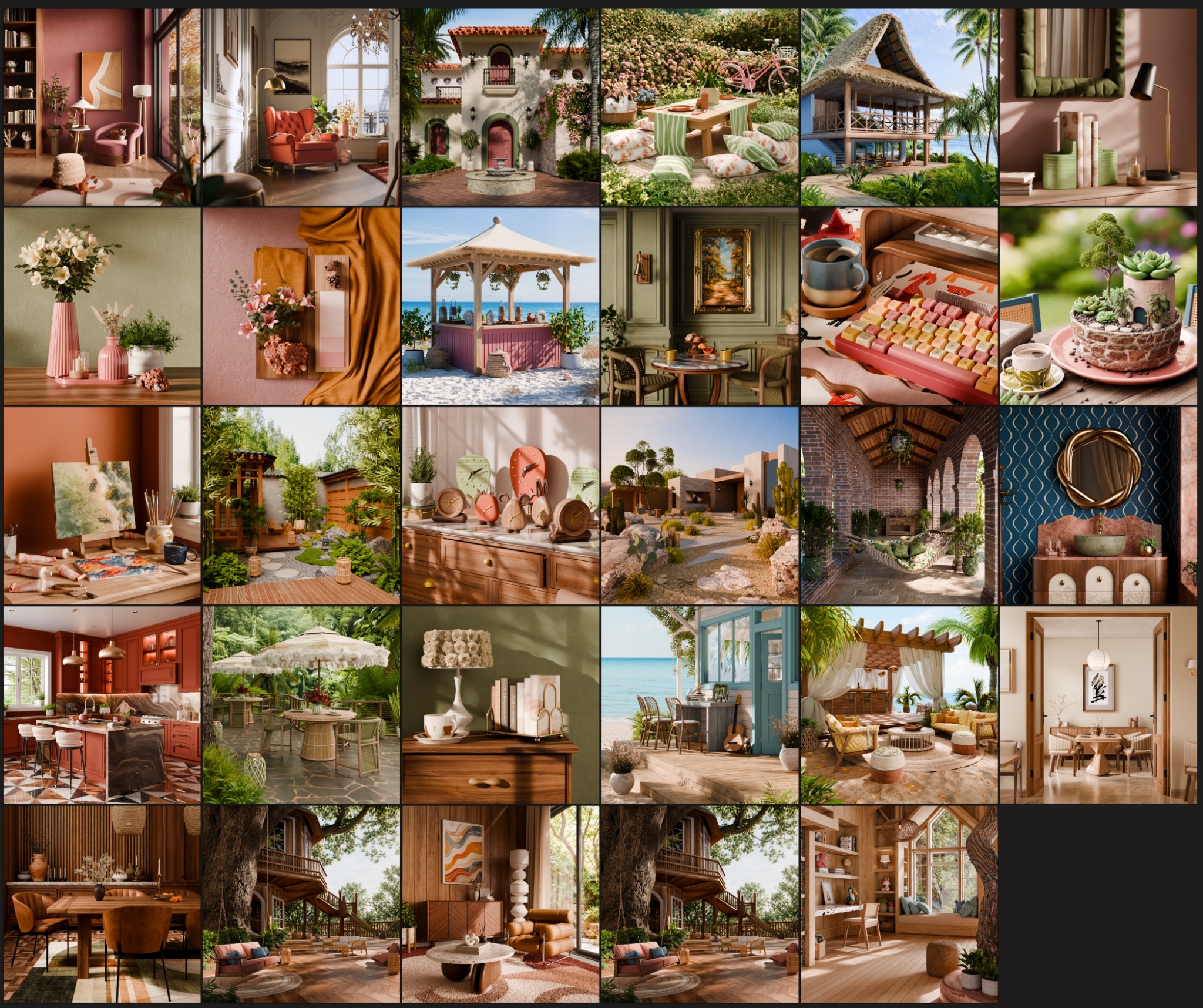 A collage of interiors, gardens, outdoor environments, and still-life artwork created for Superbloom’s game Venue.